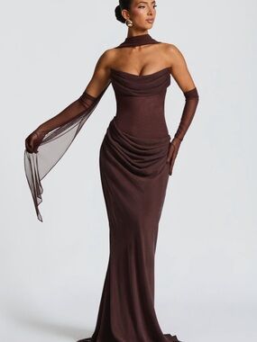 Strapless Brown Draped Evening Gown with Sheer Shawl